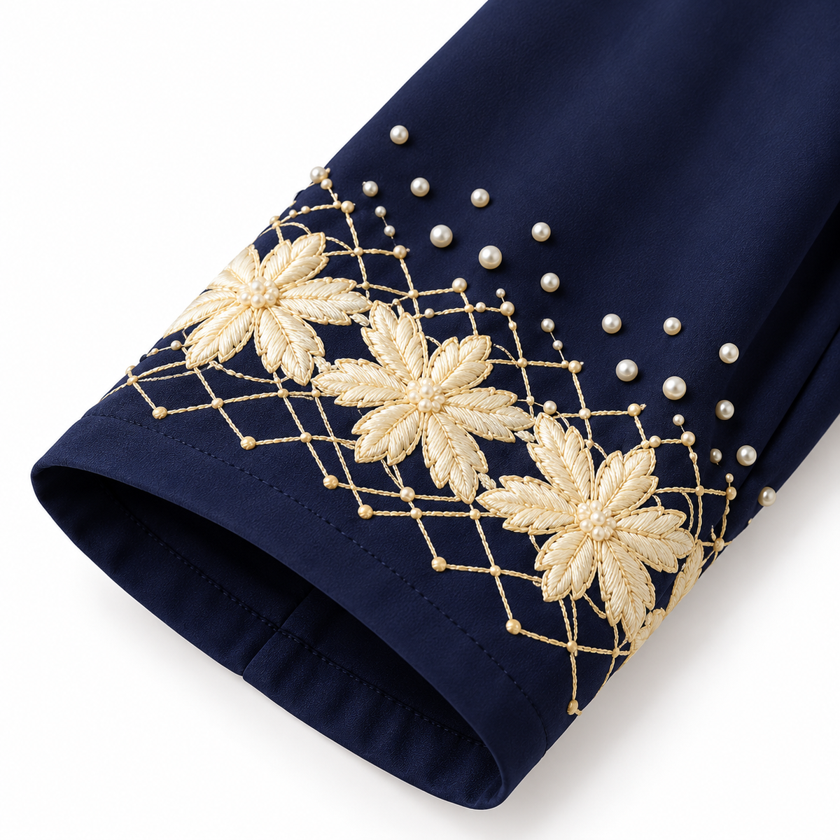 ZOALIN - Gold Floral Abaya - Navy - cuff detail