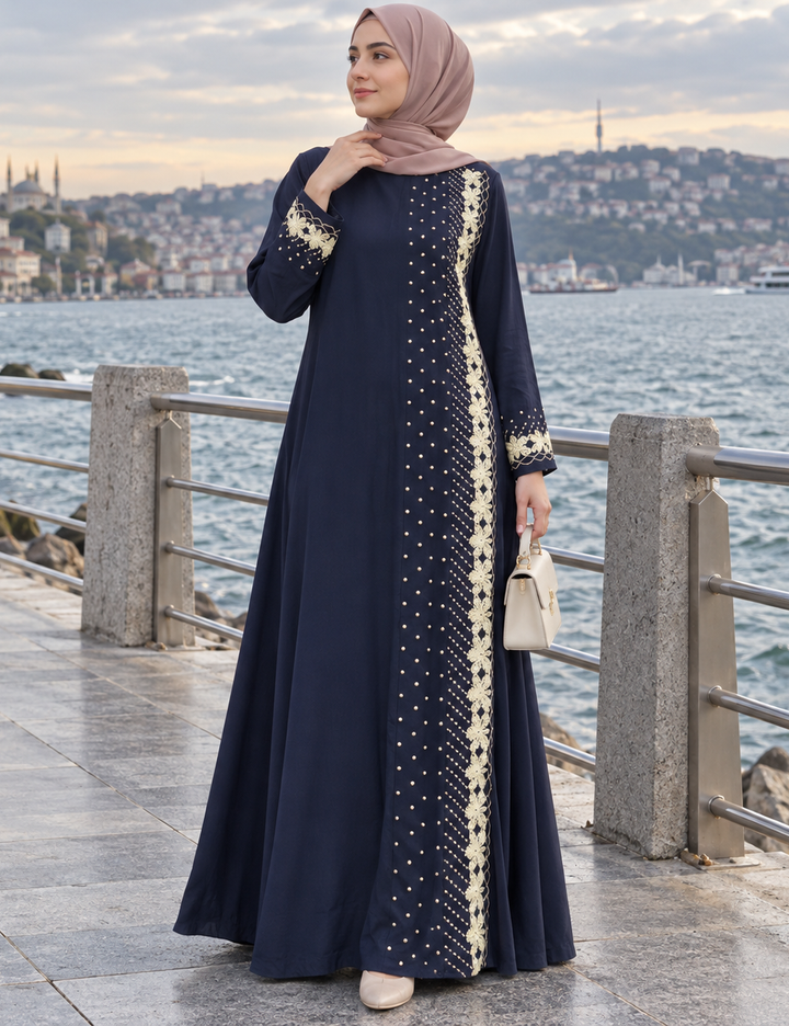 Abaya con ricamo floreale dorato