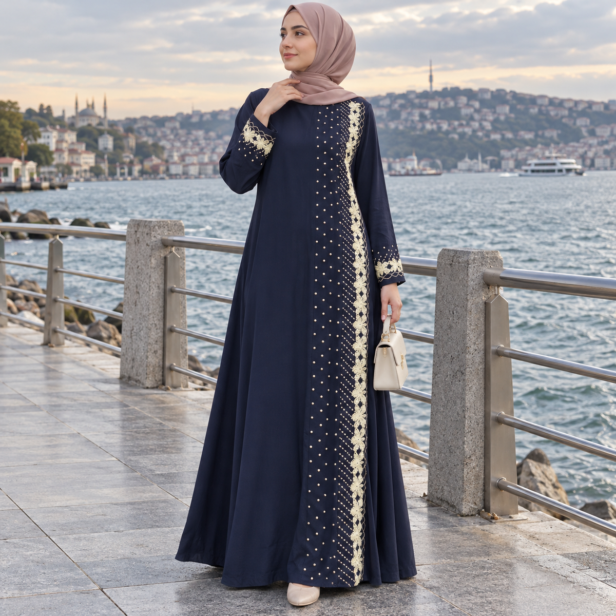 ZOALIN - Gold Floral Abaya - Navy - lifestyle