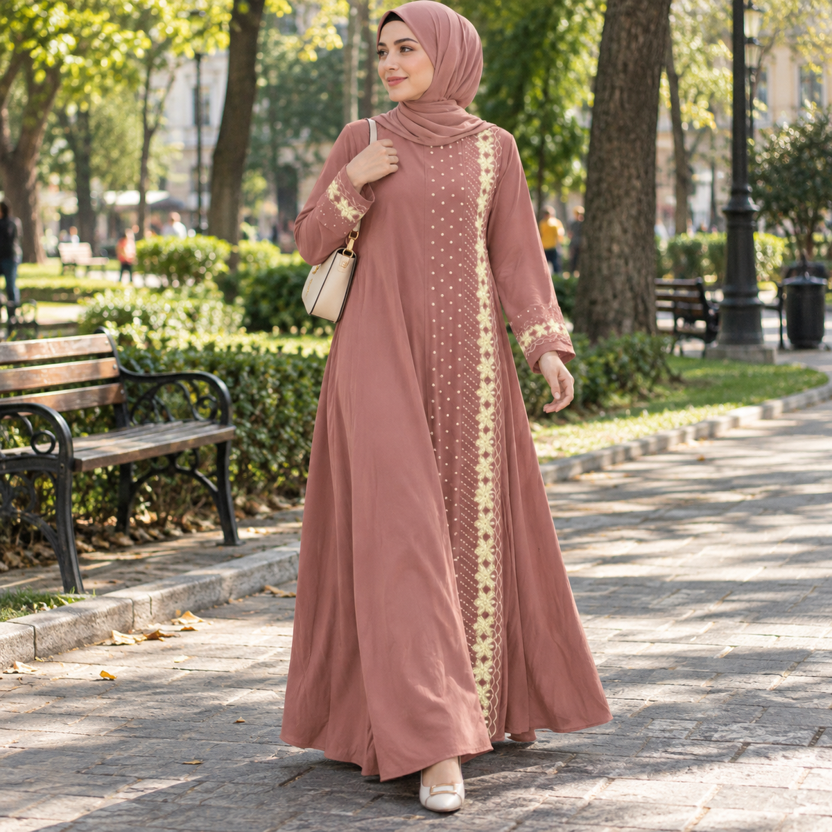 ZOALIN - Gold Floral Abaya - Dusty Pink - lifestyle