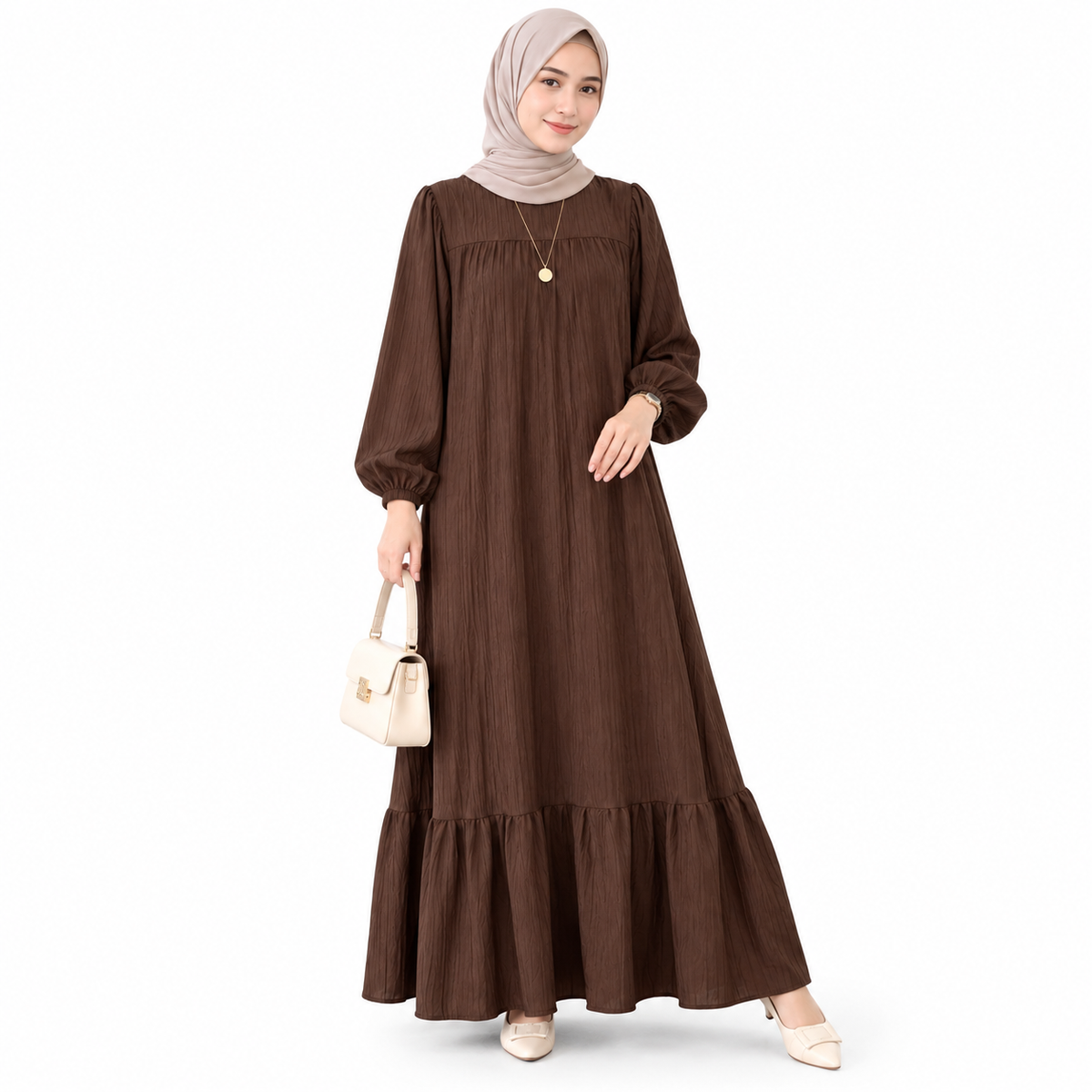 ZOALIN - Graceful Gathered Ruffle-Hem Maxi Dress - Coffee Brown - front