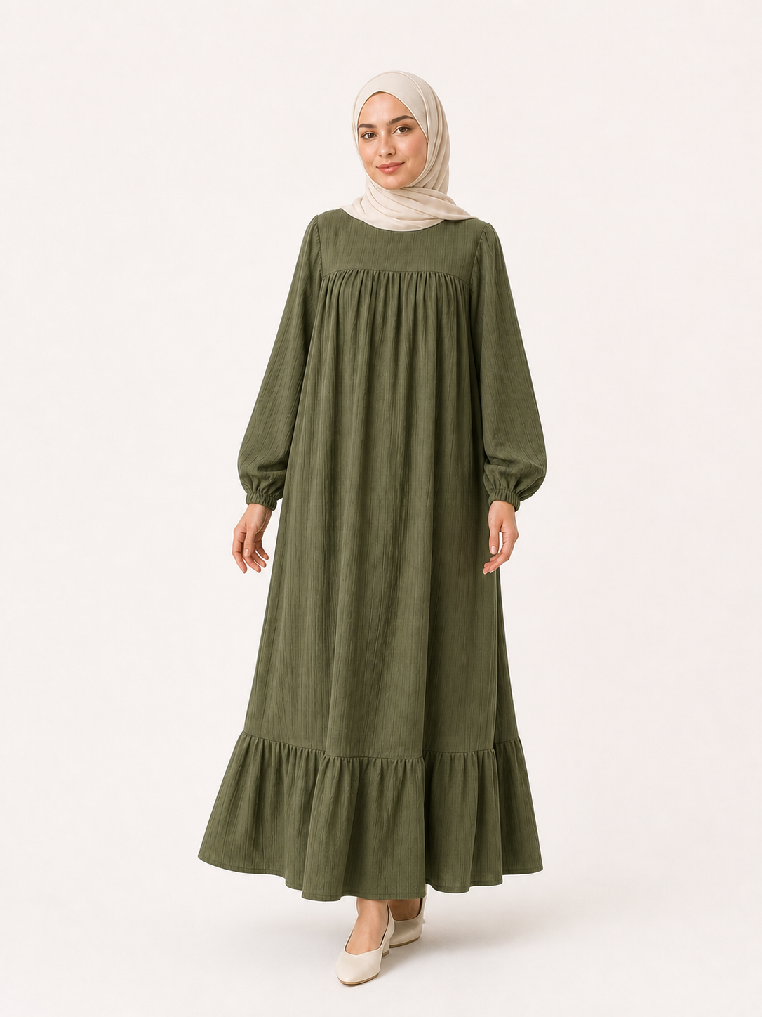 ZOALIN - Graceful Gathered Ruffle-Hem Maxi Dress - Olive Green - front