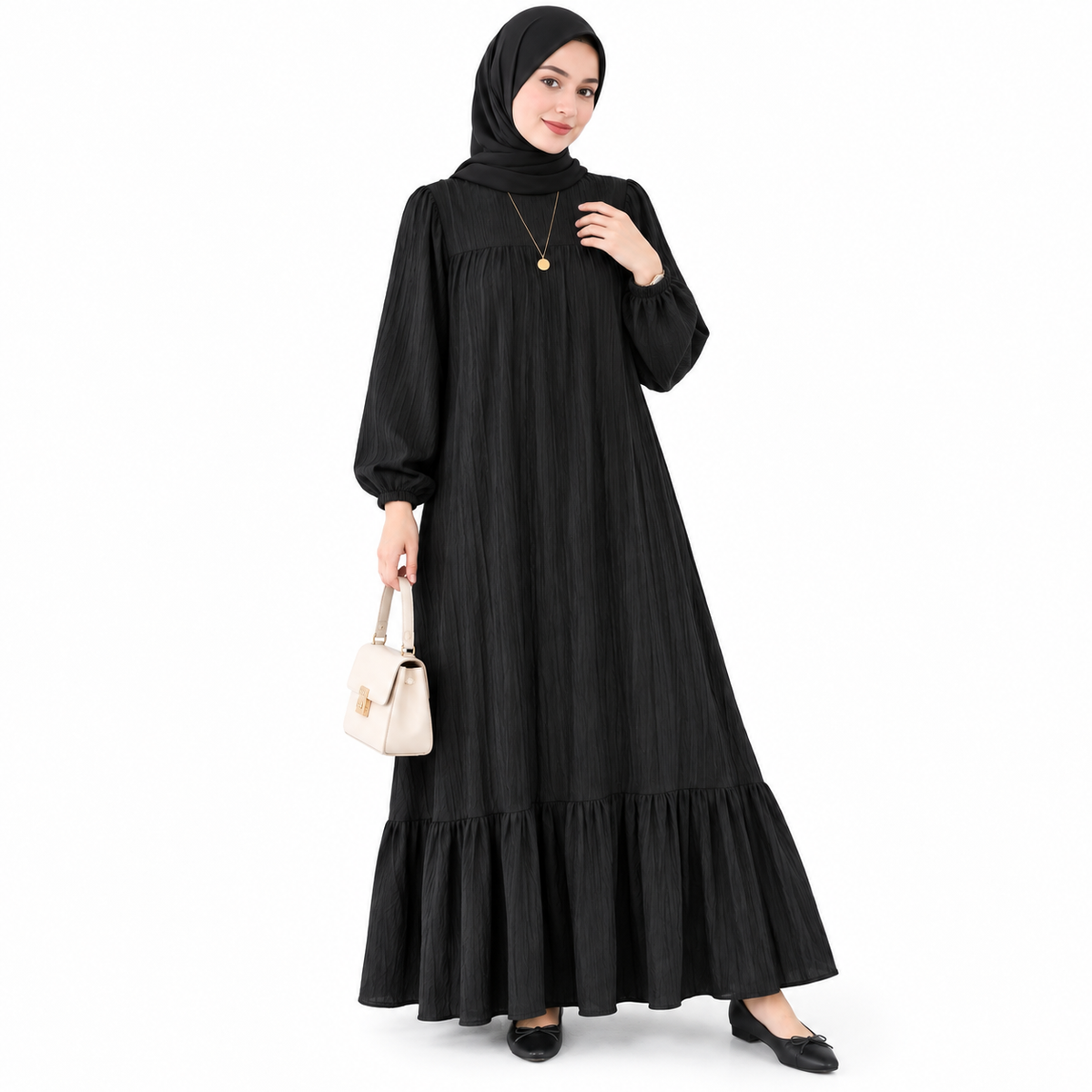 ZOALIN - Graceful Gathered Ruffle-Hem Maxi Dress - Black - front