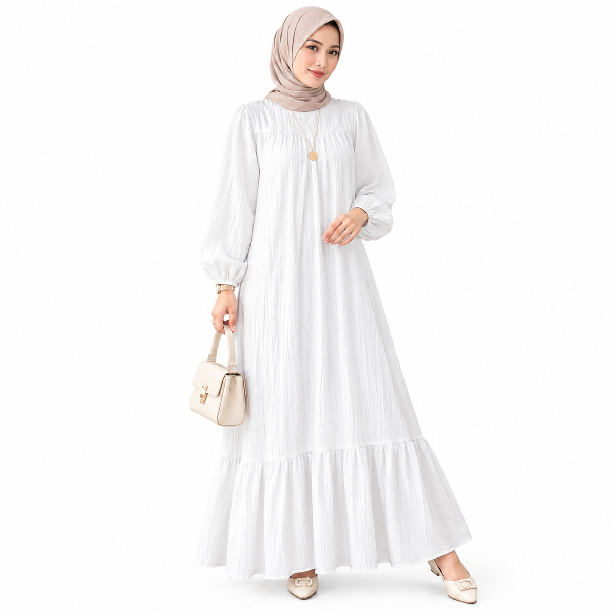 ZOALIN - Graceful Gathered Ruffle-Hem Maxi Dress - White - front