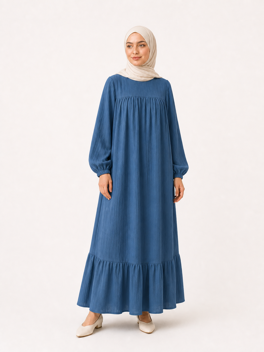 ZOALIN - Graceful Gathered Ruffle-Hem Maxi Dress - Blue - front