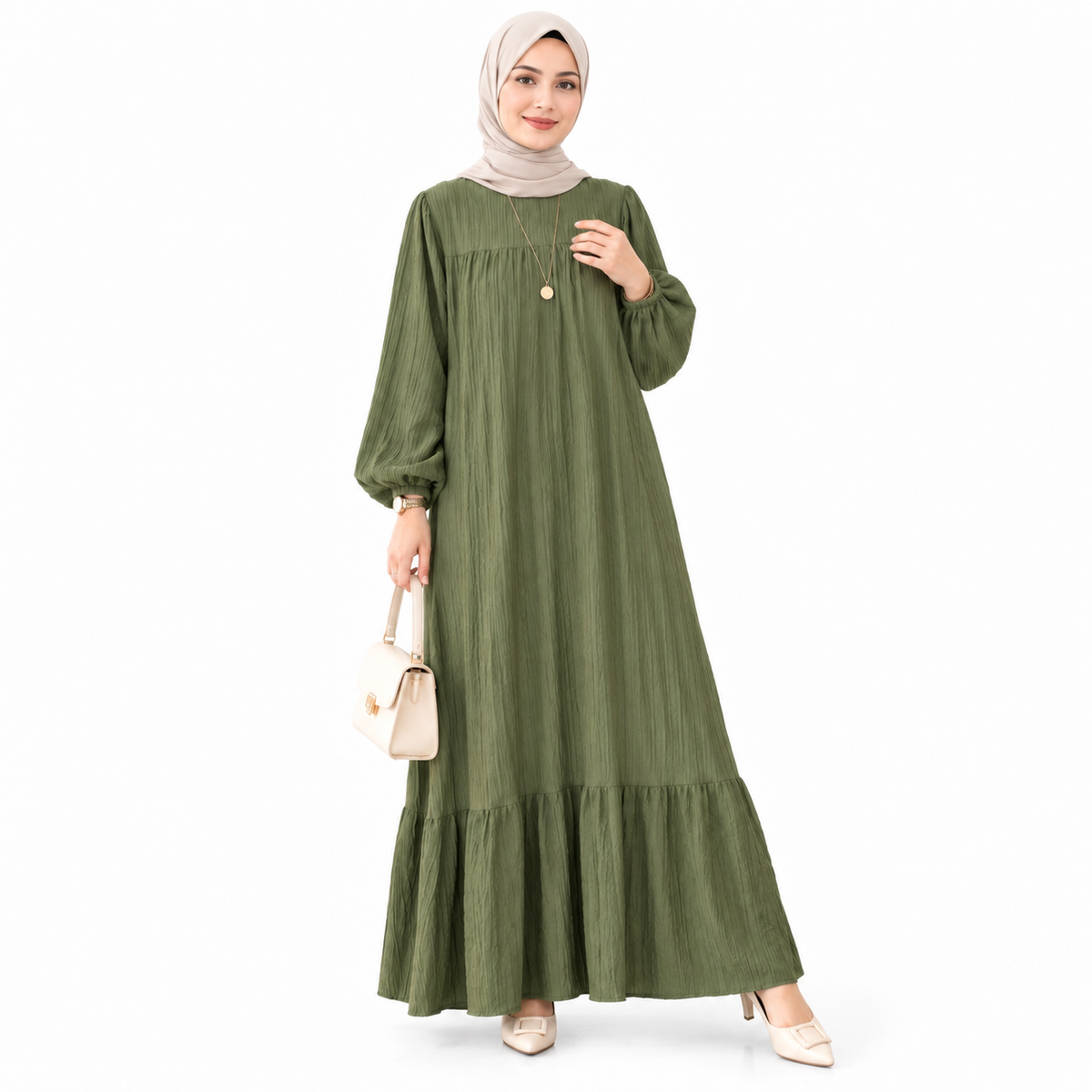 ZOALIN - Graceful Gathered Ruffle-Hem Maxi Dress - Olive Green - front