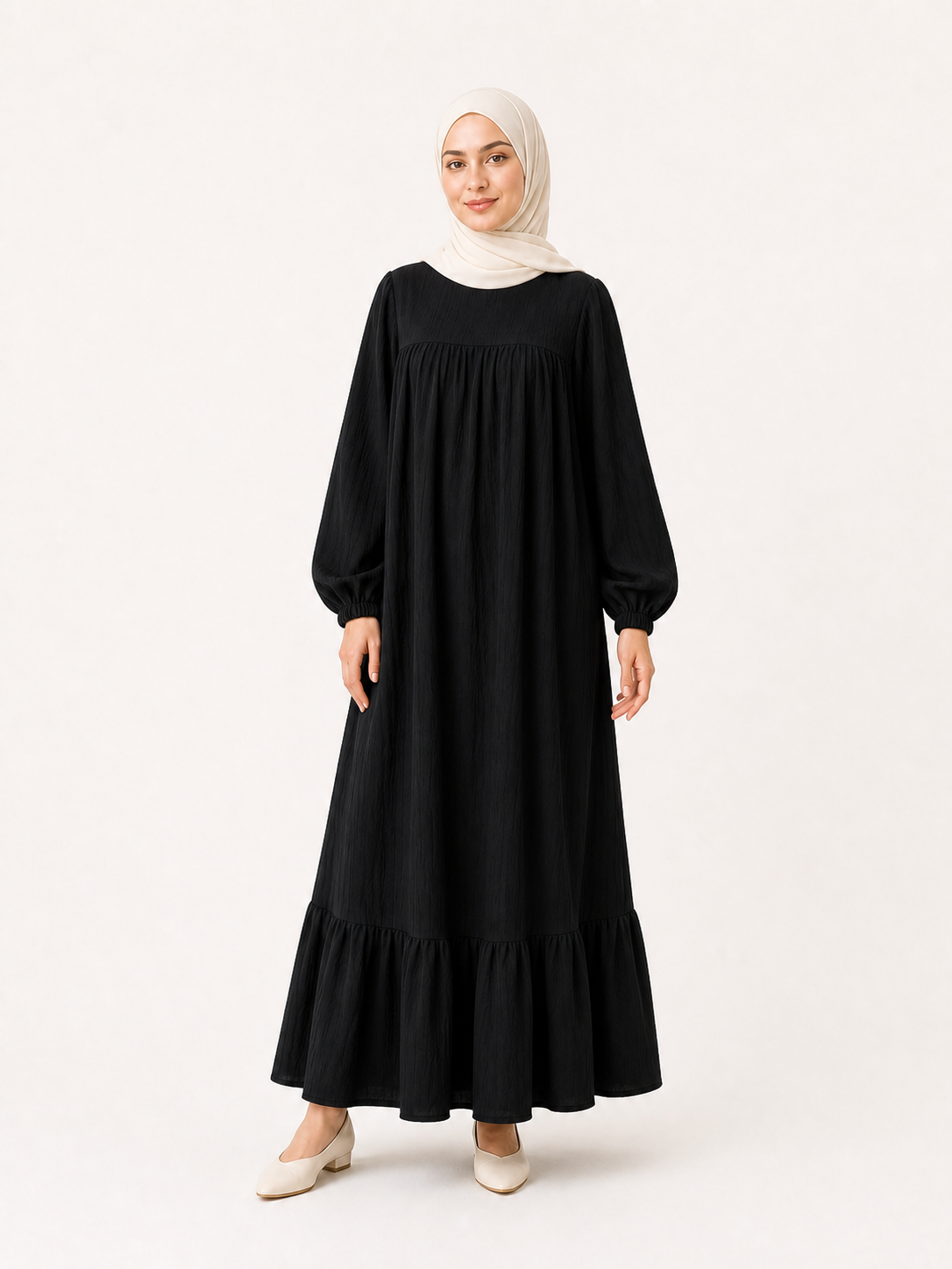 ZOALIN - Graceful Gathered Ruffle-Hem Maxi Dress - Black - front