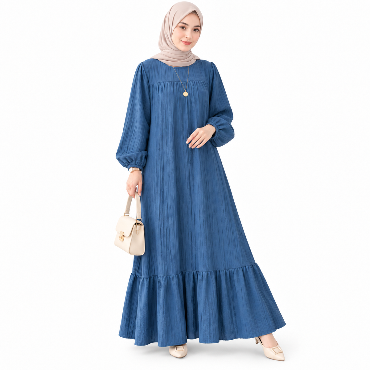 ZOALIN - Graceful Gathered Ruffle-Hem Maxi Dress - Blue - front