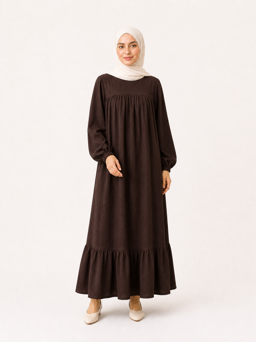 ZOALIN - Graceful Gathered Ruffle-Hem Maxi Dress - Coffee Brown - front