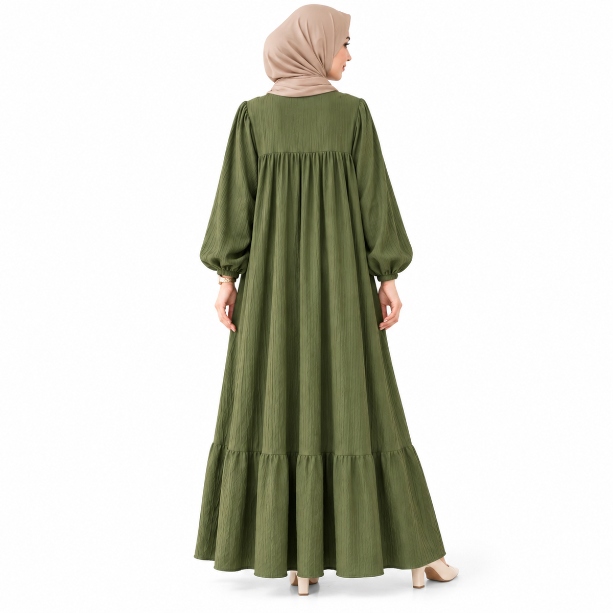 ZOALIN - Graceful Gathered Ruffle-Hem Maxi Dress - Olive Green - back