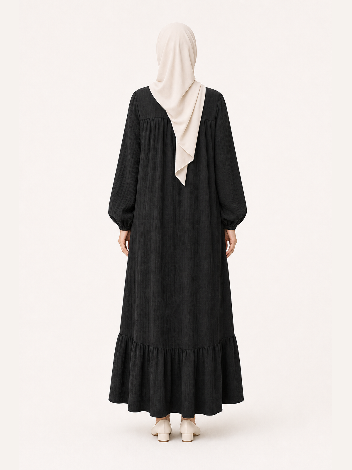 ZOALIN-GALLERY-UNIFIED-1200X1600-20260711-P04-06 | Graceful Gathered Ruffle-Hem Maxi Dress | Black back view