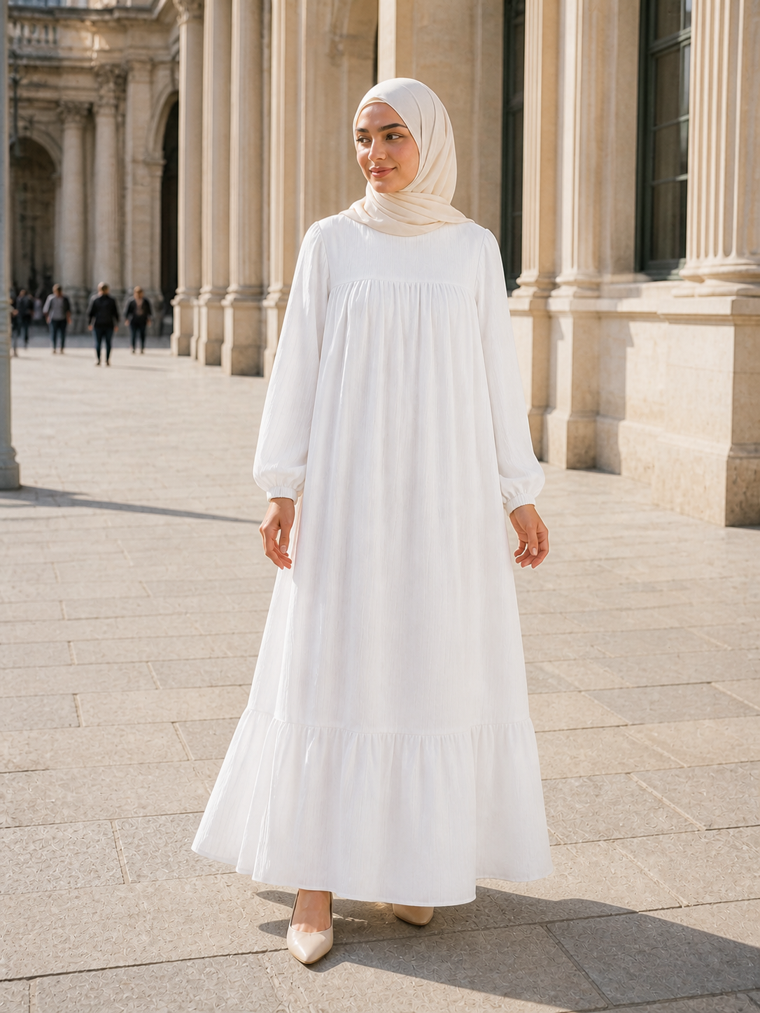 ZOALIN - Graceful Gathered Ruffle-Hem Maxi Dress - White - lifestyle