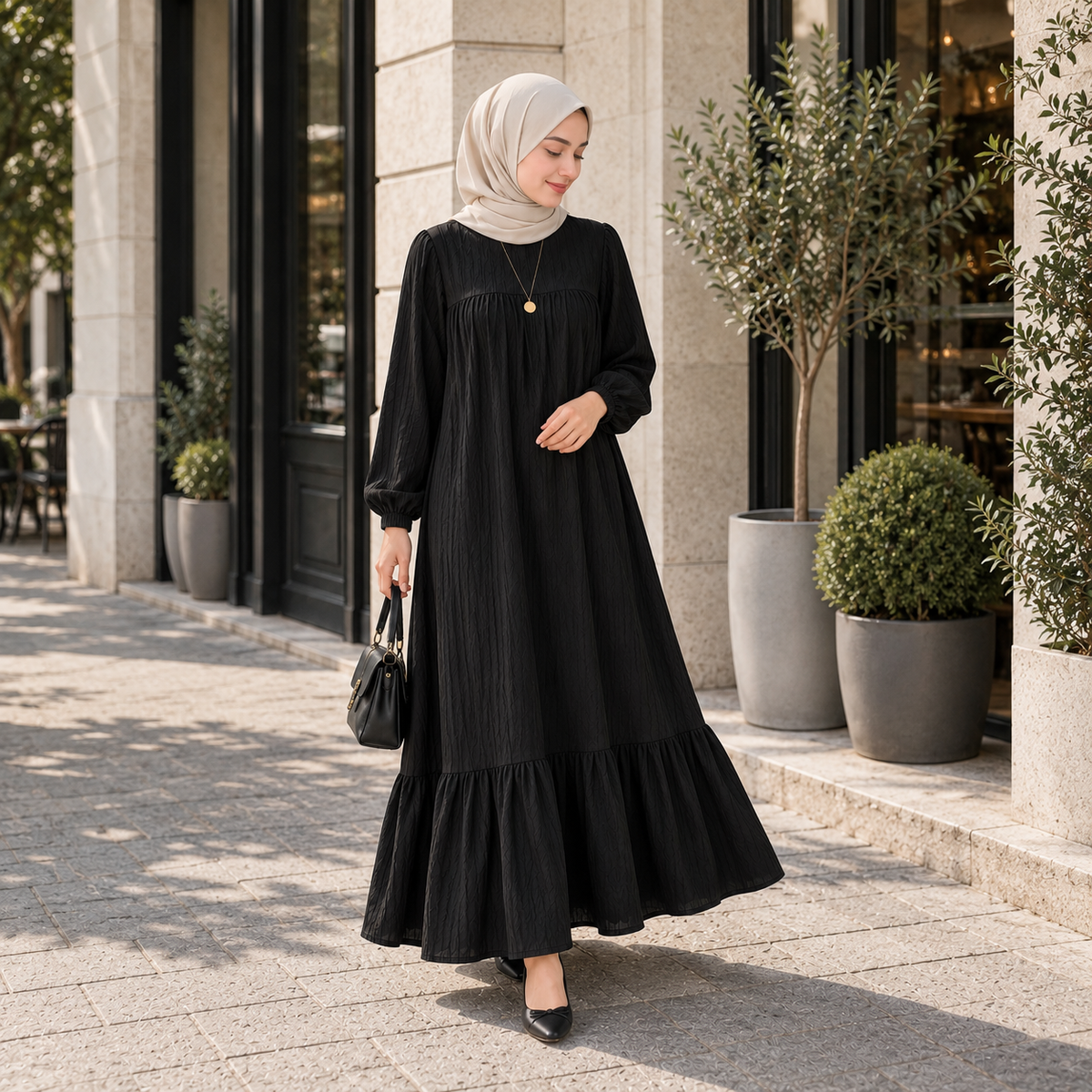 ZOALIN - Graceful Gathered Ruffle-Hem Maxi Dress - Black - lifestyle