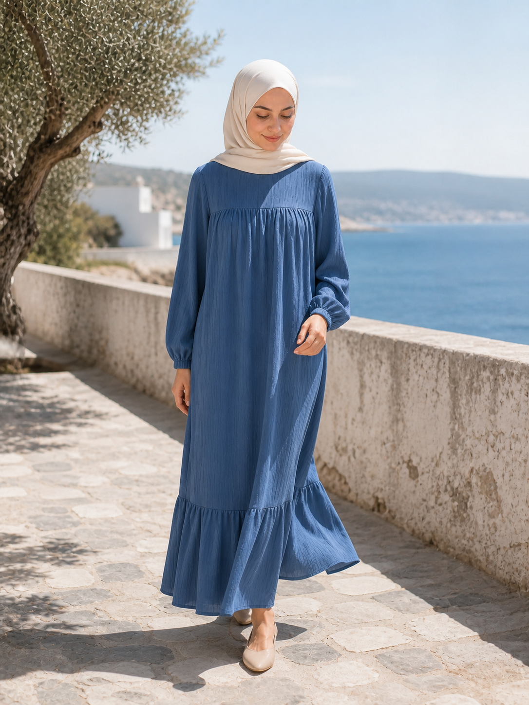ZOALIN - Graceful Gathered Ruffle-Hem Maxi Dress - Blue - lifestyle