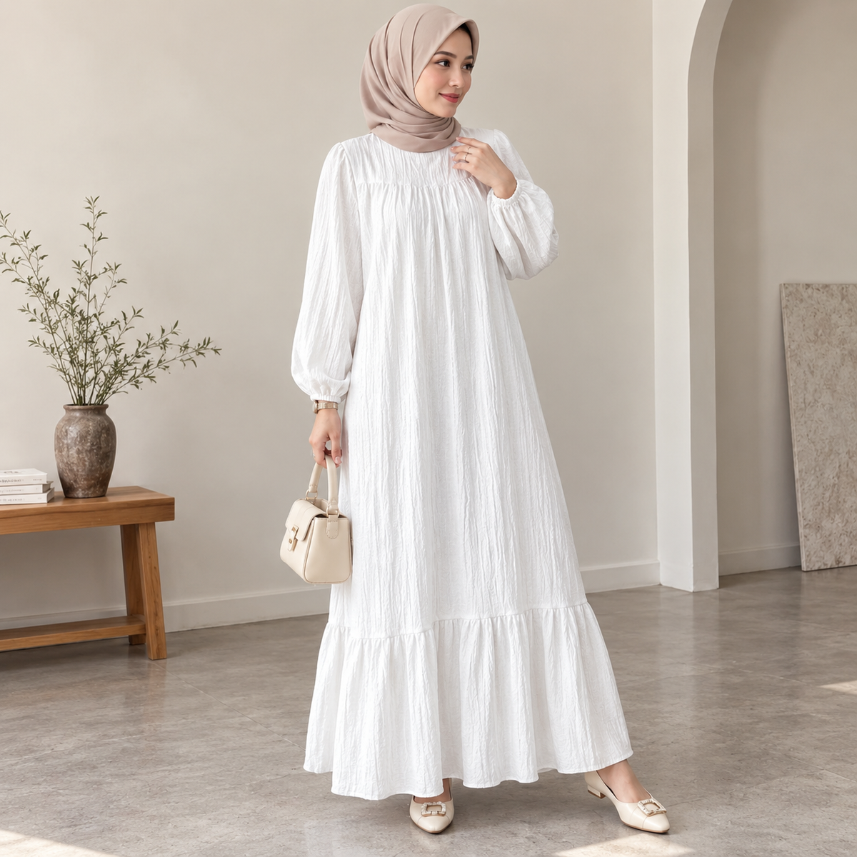ZOALIN - Graceful Gathered Ruffle-Hem Maxi Dress - White - lifestyle indoor