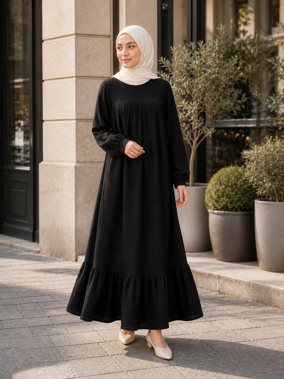 ZOALIN - Graceful Gathered Ruffle-Hem Maxi Dress - Black - lifestyle