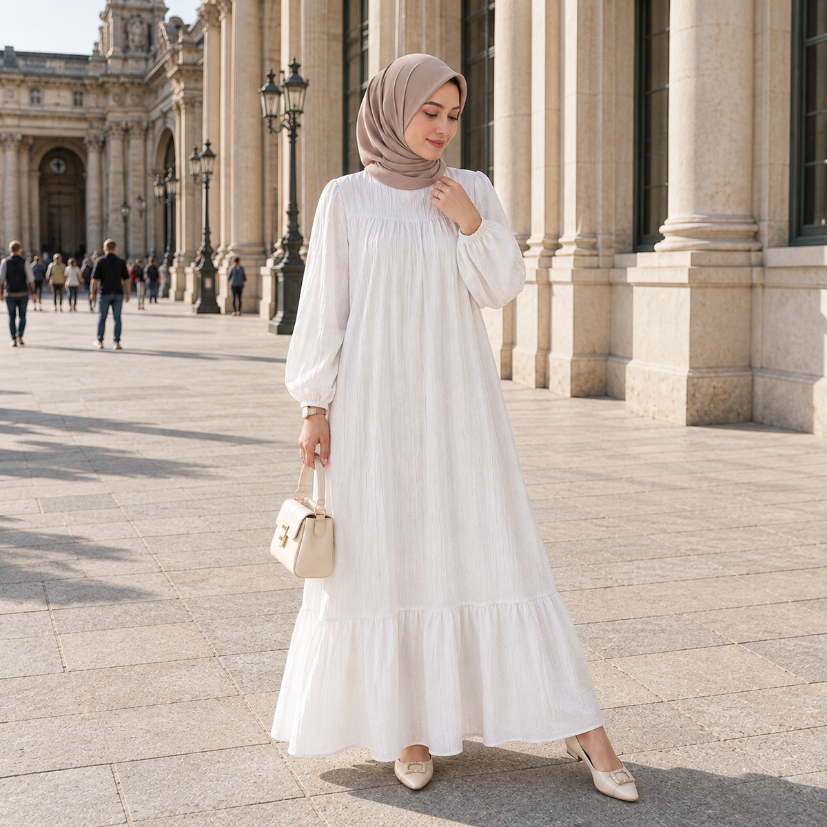 ZOALIN - Graceful Gathered Ruffle-Hem Maxi Dress - White - lifestyle