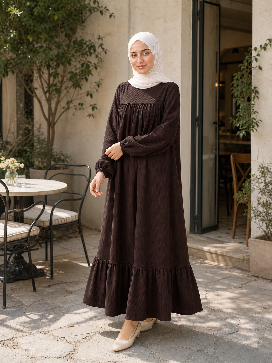 Graceful Gathered Ruffle-Hem Maxi Dress real-life styling