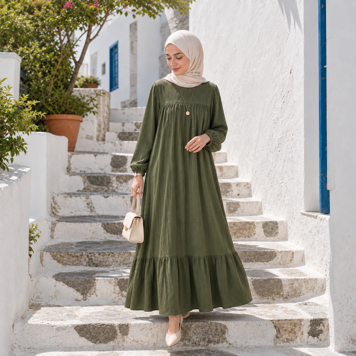 ZOALIN - Graceful Gathered Ruffle-Hem Maxi Dress - Olive Green - lifestyle
