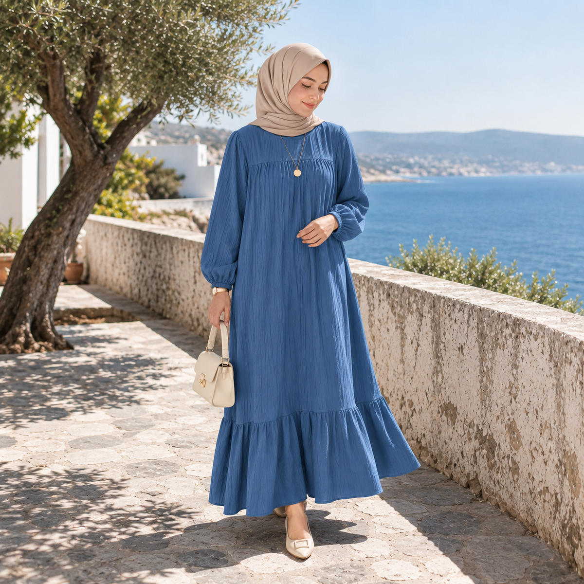 ZOALIN - Graceful Gathered Ruffle-Hem Maxi Dress - Blue - lifestyle