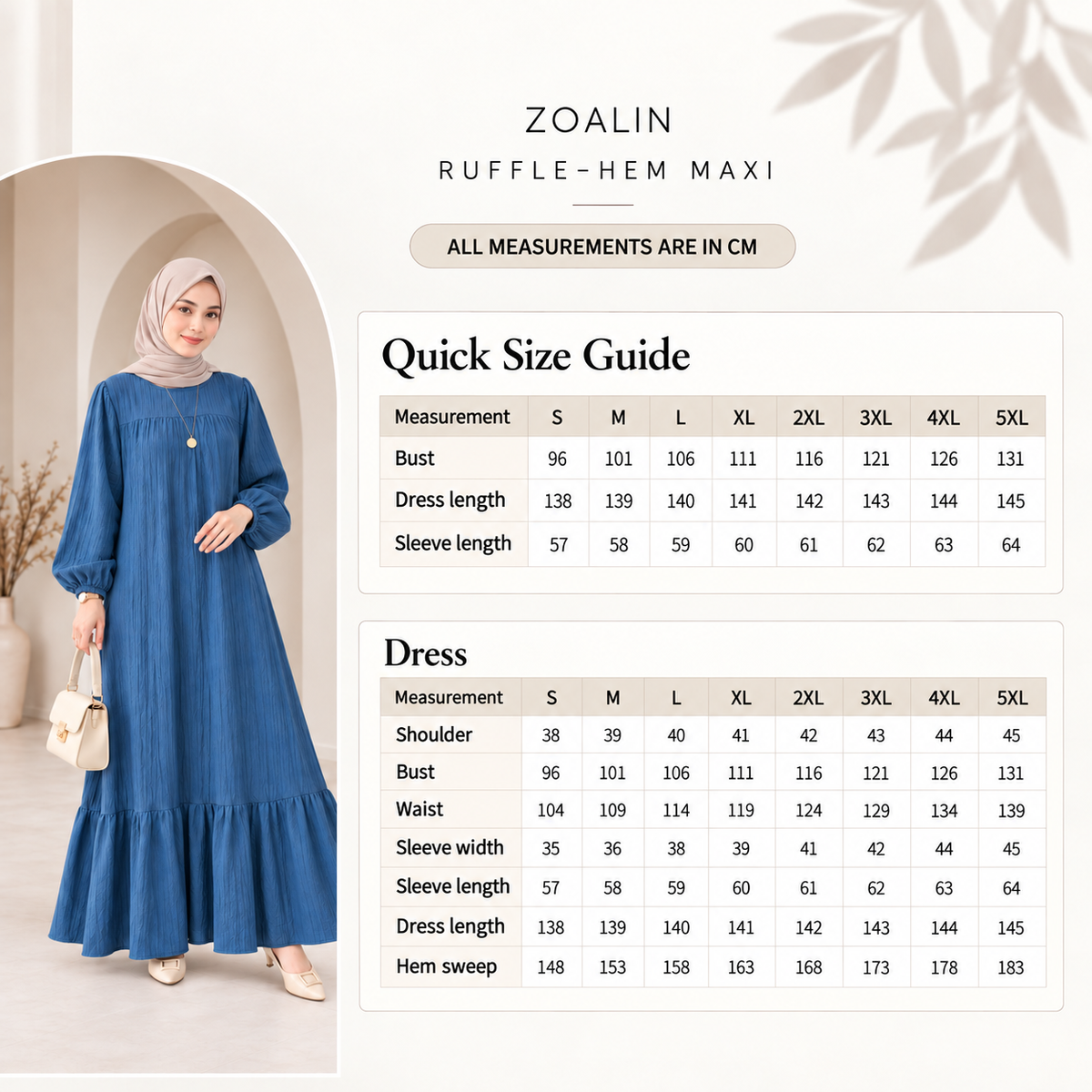 ZOALIN RUFFLE-HEM MAXI - Size chart - centimeters - arched layout 20260910