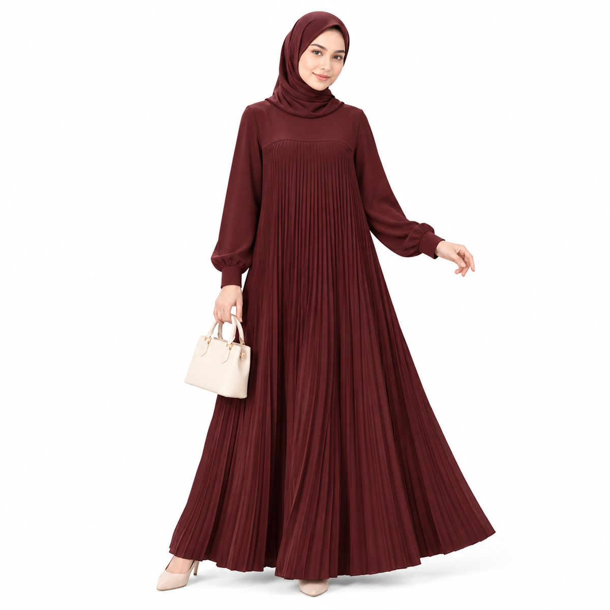 ZOALIN - Pleated Abaya - Burgundy - front