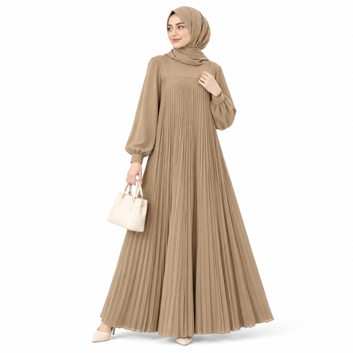 ZOALIN - Pleated Abaya - Khaki - front