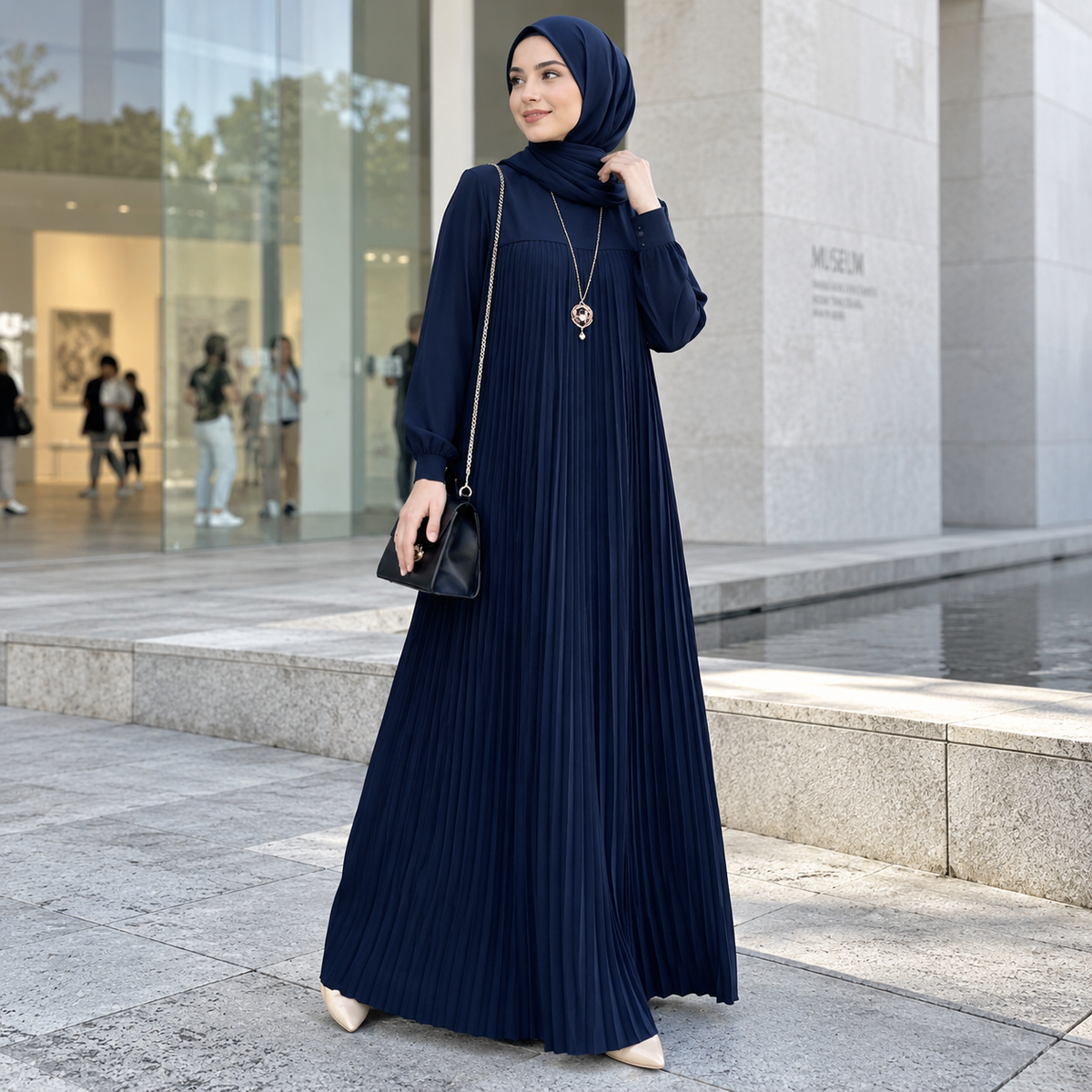 ZOALIN - Pleated Abaya - Navy - lifestyle