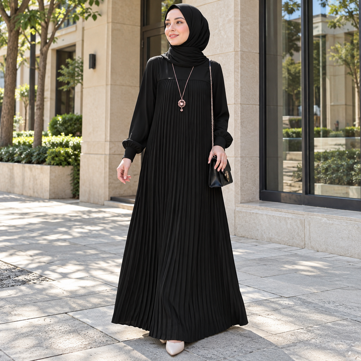 ZOALIN - Pleated Abaya - Black - lifestyle