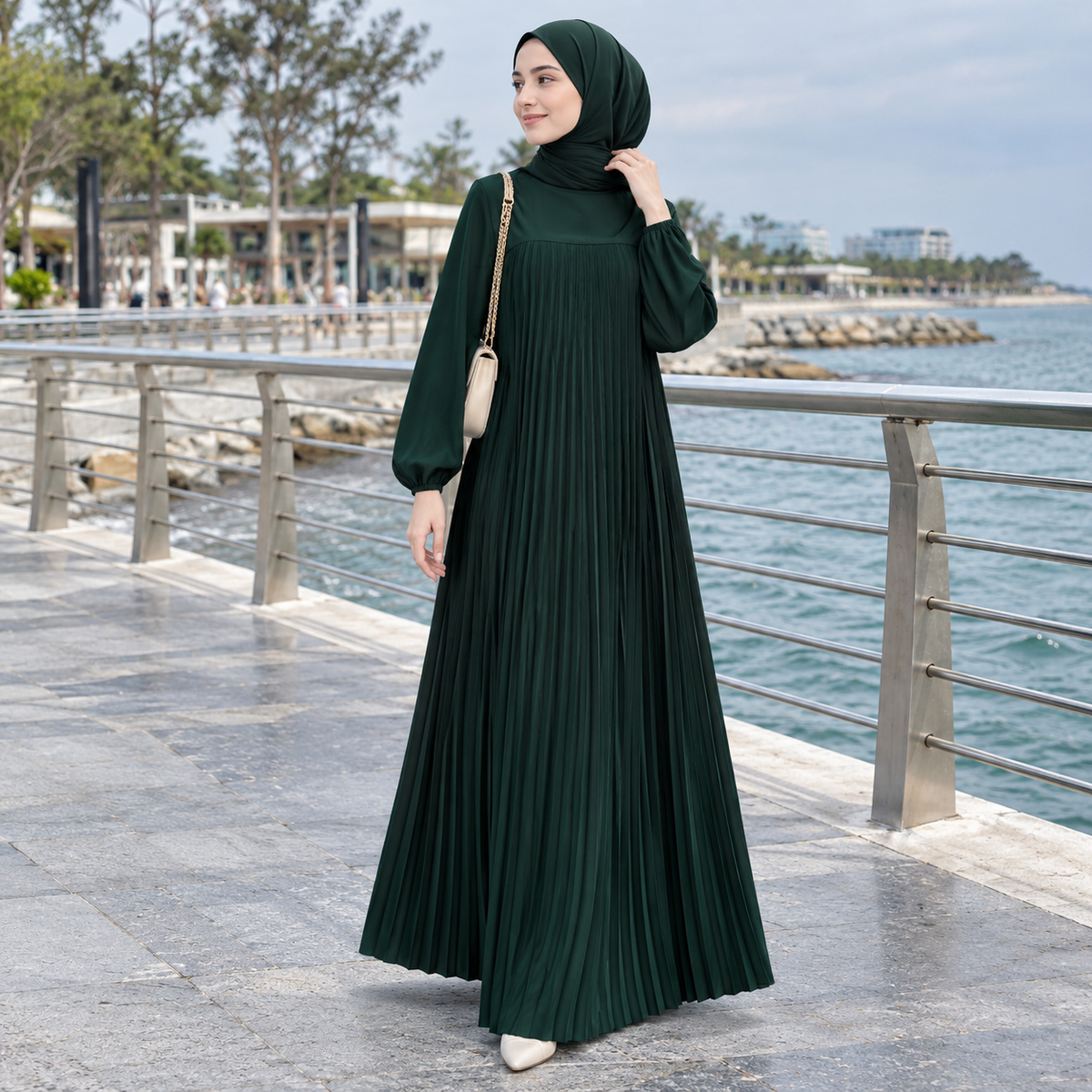 ZOALIN - Pleated Abaya - Forest Green - lifestyle