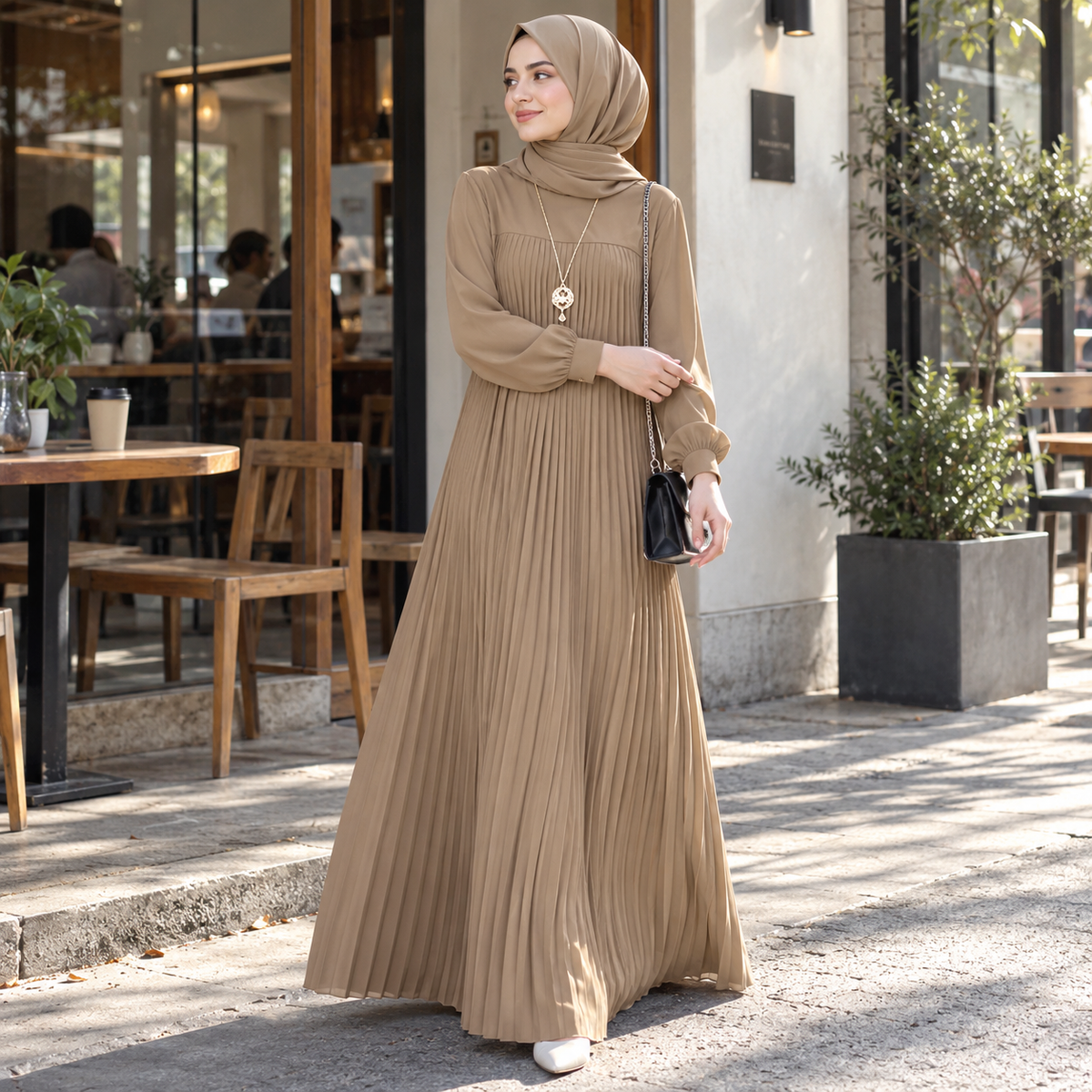 ZOALIN - Pleated Abaya - Khaki - lifestyle