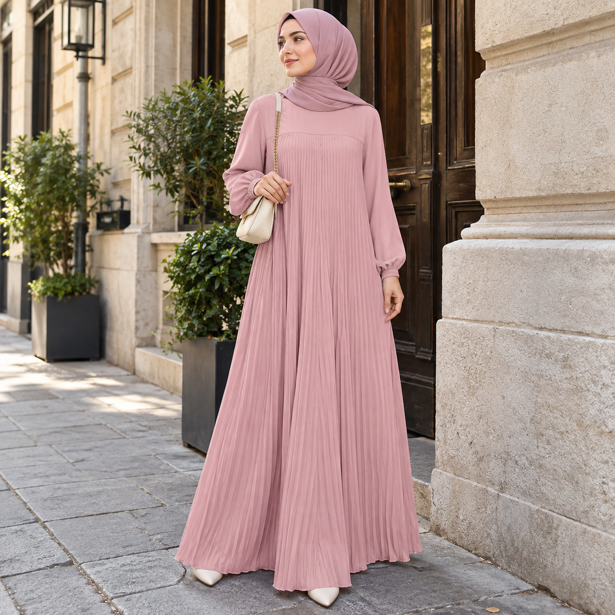 ZOALIN - Pleated Abaya - Pink - lifestyle
