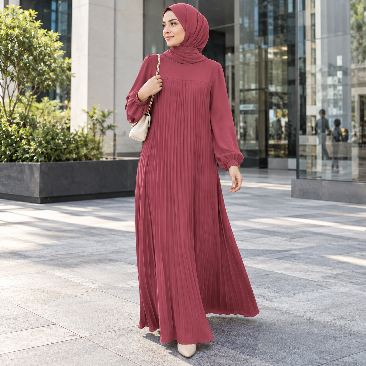 ZOALIN - Pleated Abaya - Rose - lifestyle