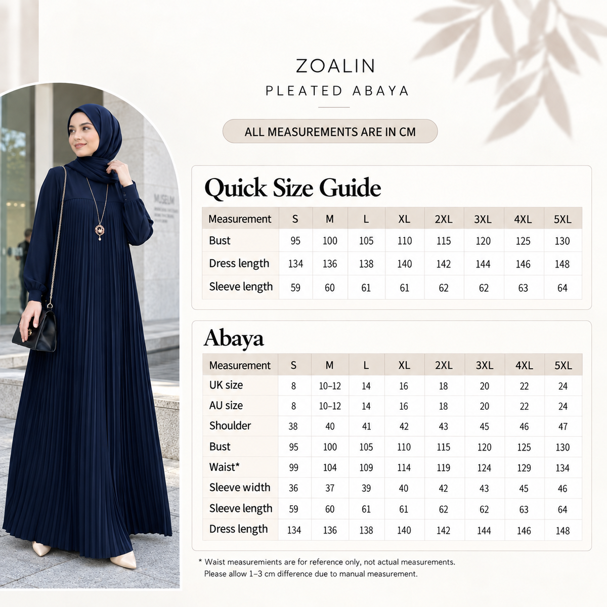 ZOALIN - Pleated Abaya - size chart - centimeters