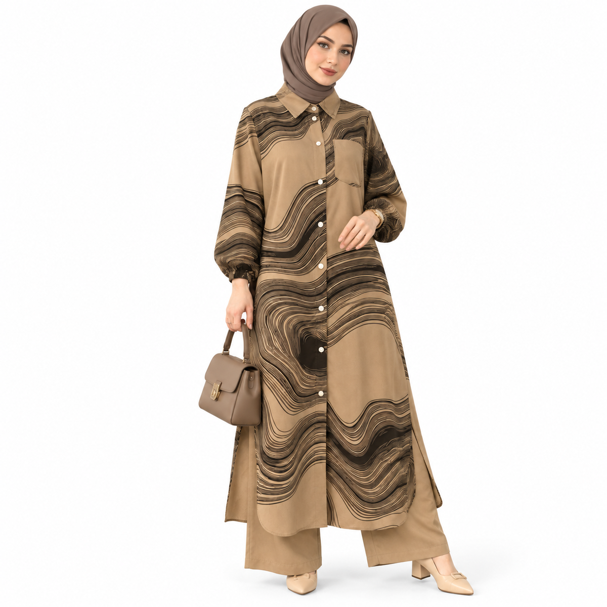 ZOALIN - Printed Flow Tunic & Wide-Leg Pants Set - Khaki Print - front