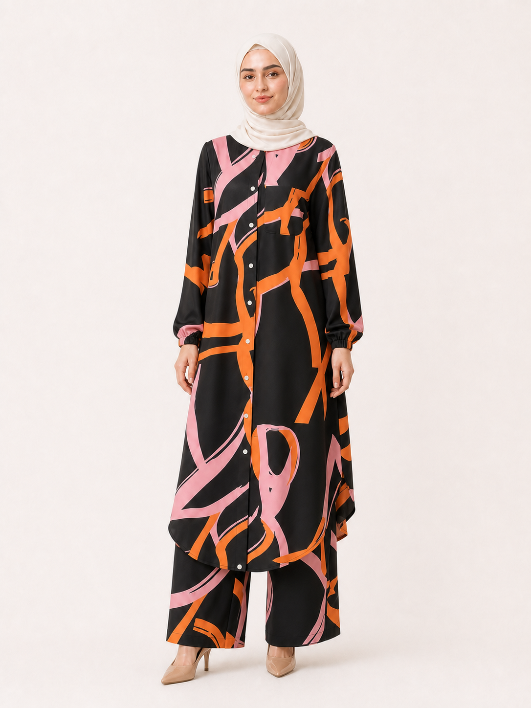 ZOALIN - Printed Flow Tunic & Wide-Leg Pants Set - Black Orange Print - front