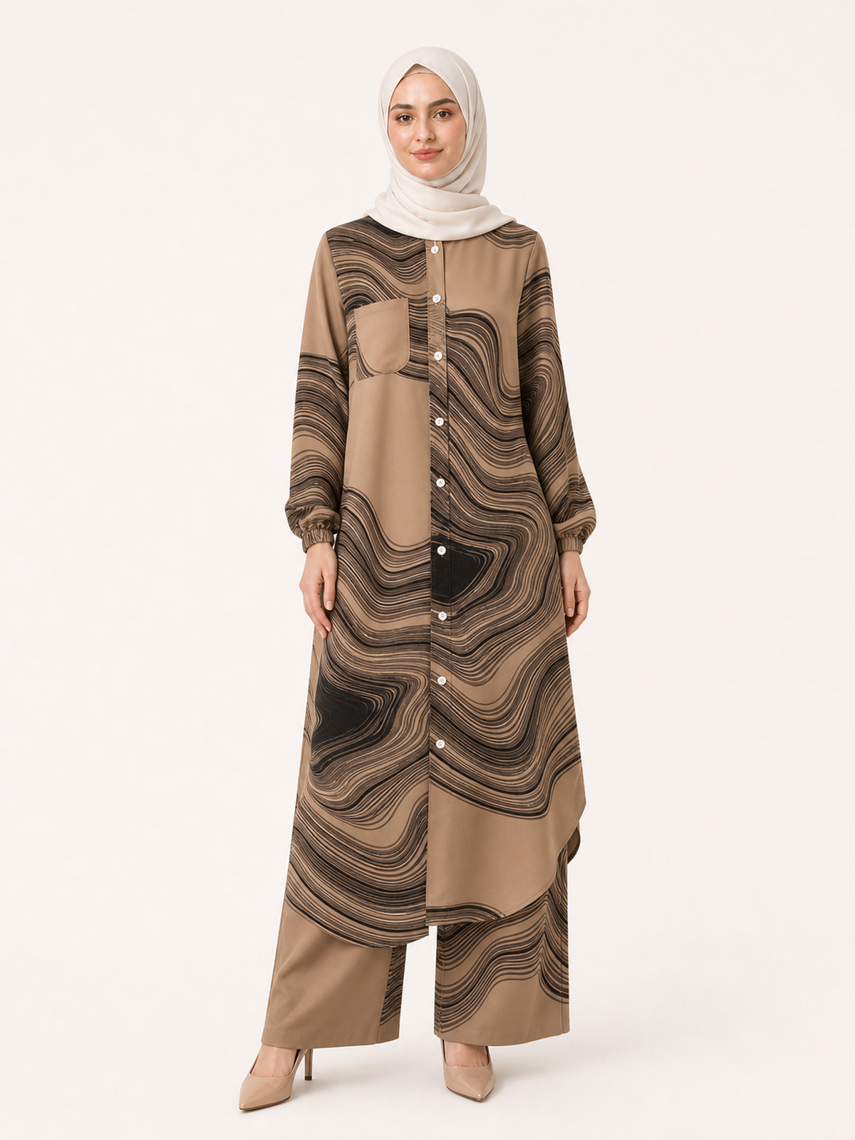 ZOALIN-SKU-COLOR-AUDIT-20260711-P03-01 | Printed Flow Tunic & Wide-Leg Pants Set | Khaki Print front view