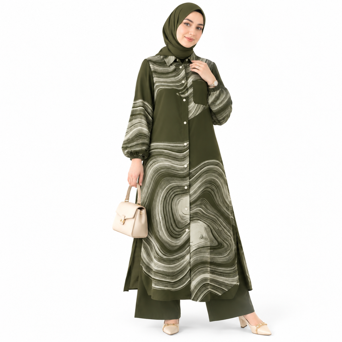 ZOALIN - Printed Flow Tunic & Wide-Leg Pants Set - Olive Print - front