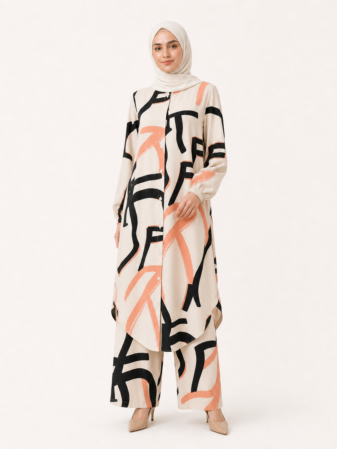 ZOALIN - Printed Flow Tunic & Wide-Leg Pants Set - Apricot Print - front