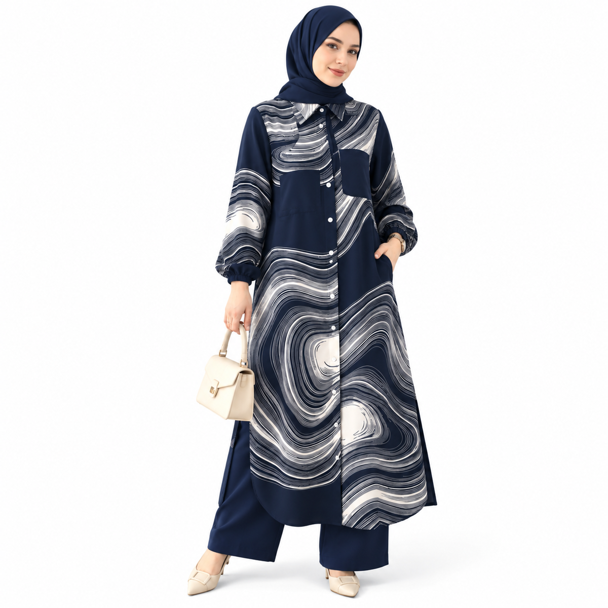 ZOALIN - Printed Flow Tunic & Wide-Leg Pants Set - Navy Print - front