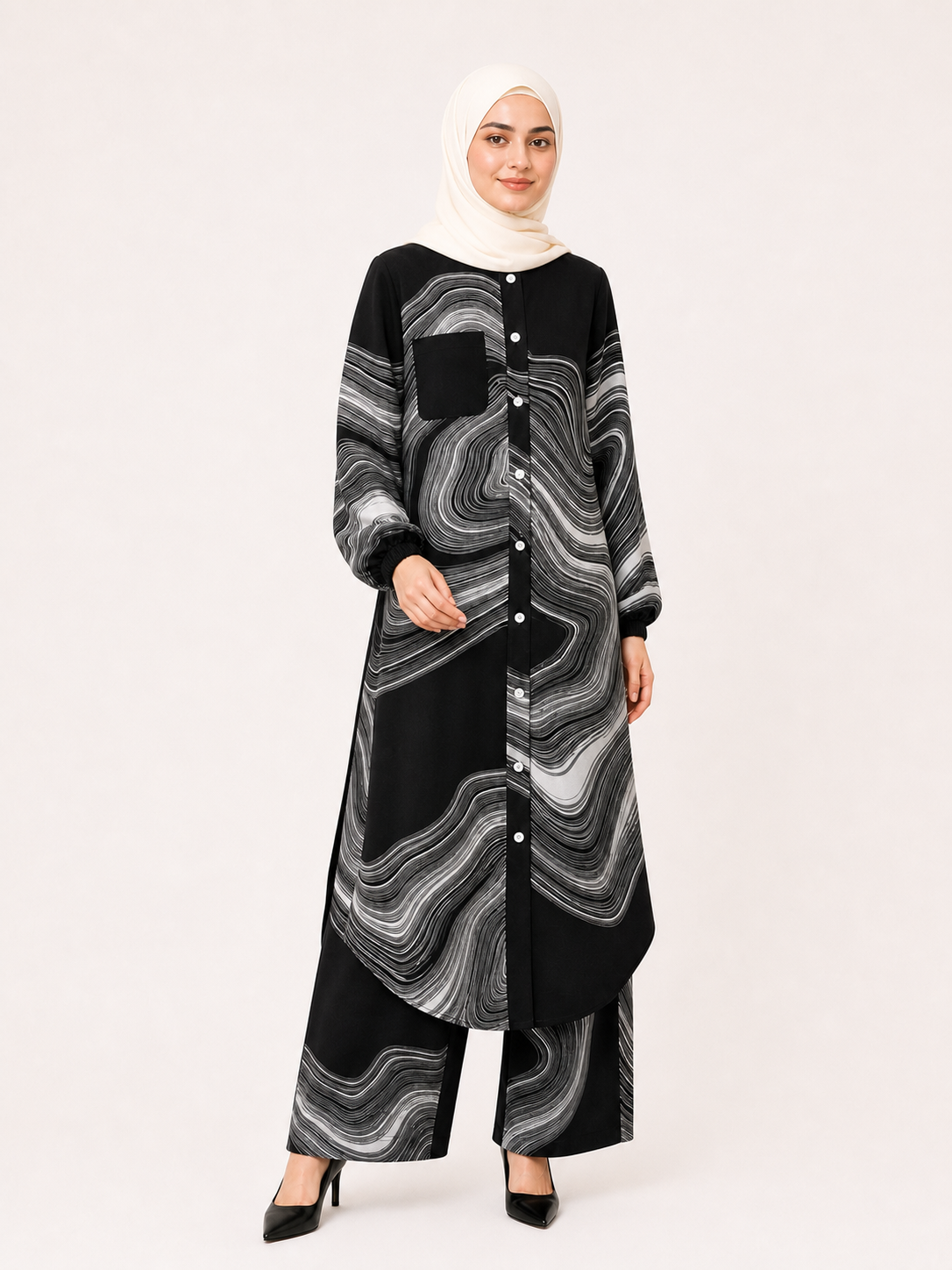 ZOALIN - Printed Flow Tunic & Wide-Leg Pants Set - Black White Print - front