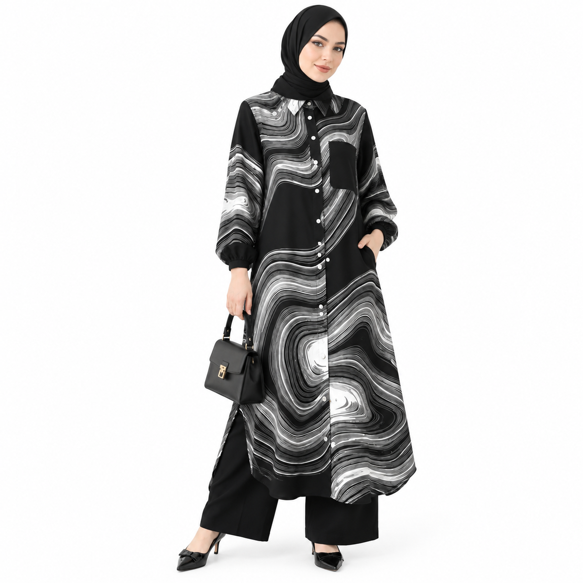 ZOALIN - Printed Flow Tunic & Wide-Leg Pants Set - Black White Print - front