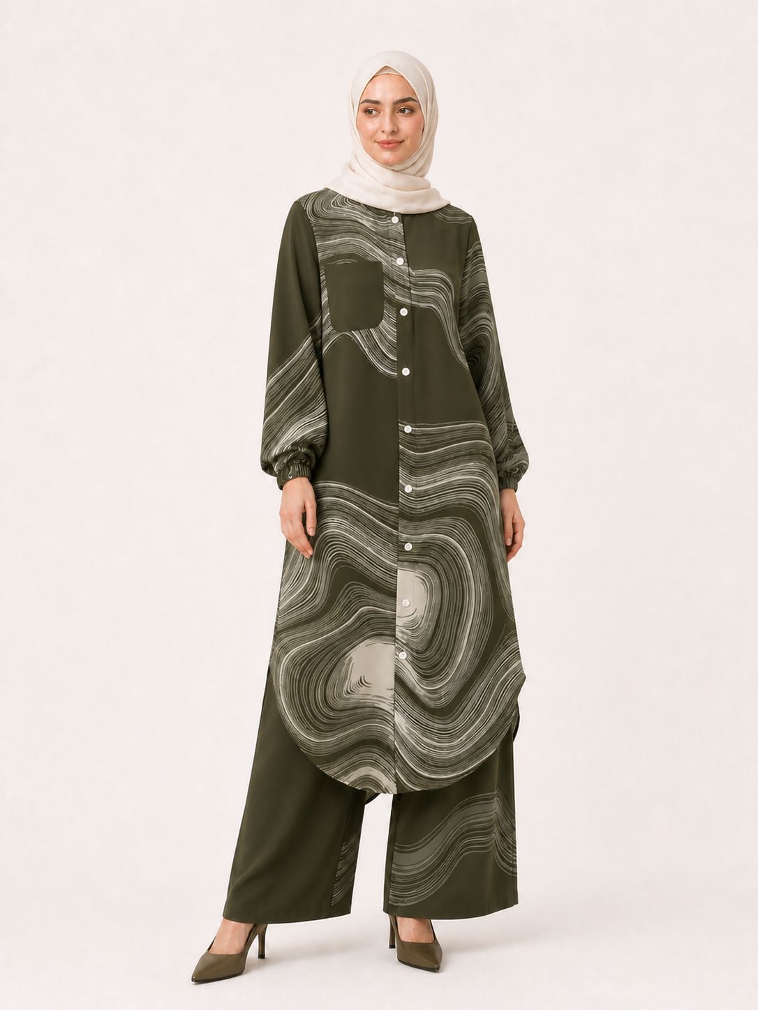 ZOALIN - Printed Flow Tunic & Wide-Leg Pants Set - Olive Print - front