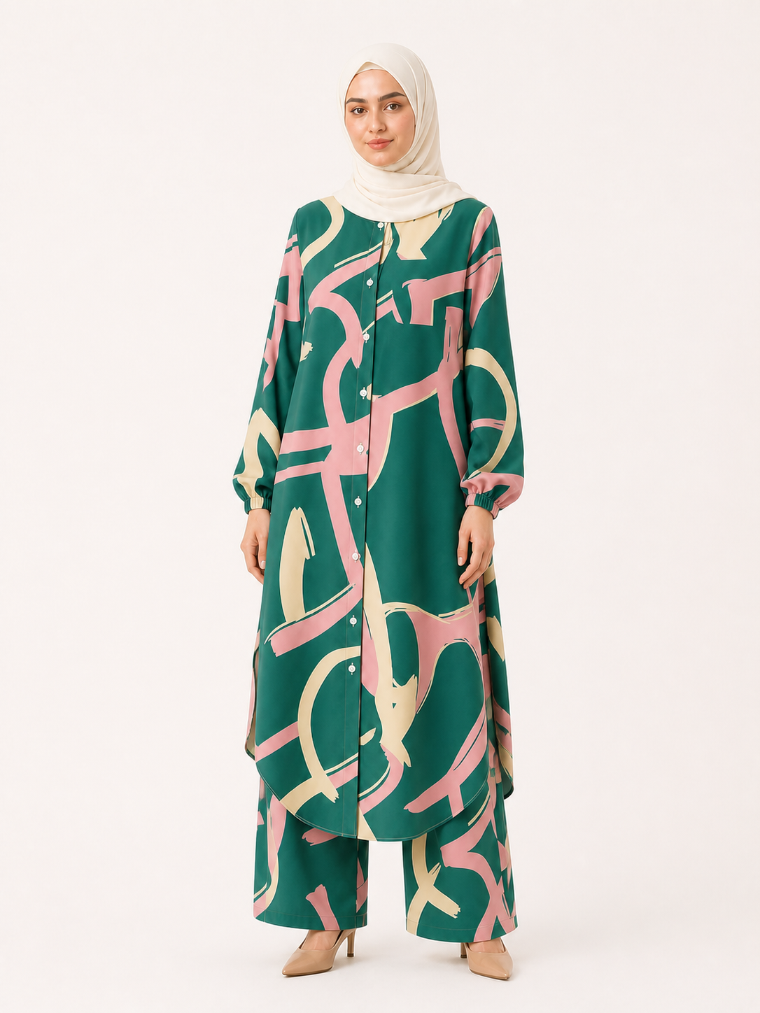 ZOALIN - Printed Flow Tunic & Wide-Leg Pants Set - Mint Print - front