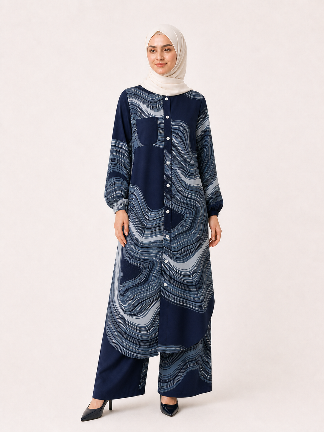 ZOALIN - Printed Flow Tunic & Wide-Leg Pants Set - Navy Print - front