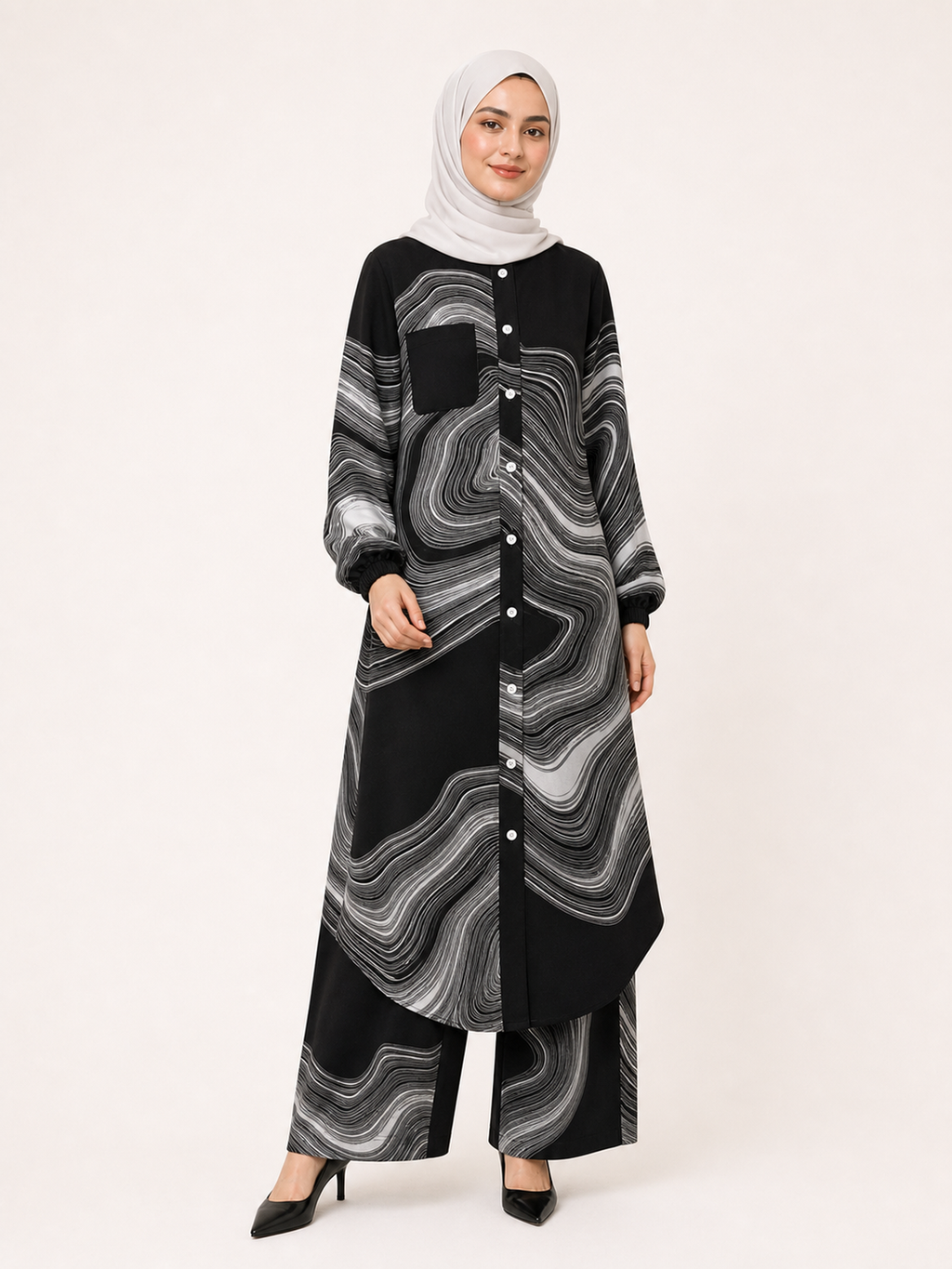 ZOALIN-SKU-COLOR-AUDIT-20260711-P03-07 | Printed Flow Tunic & Wide-Leg Pants Set | Black White Print front view