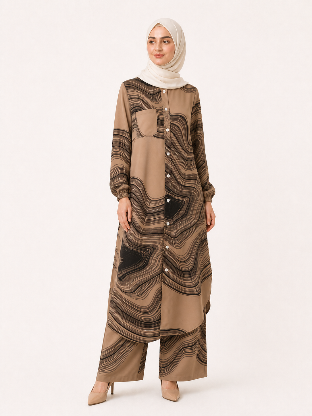 ZOALIN - Printed Flow Tunic & Wide-Leg Pants Set - Khaki Print - front