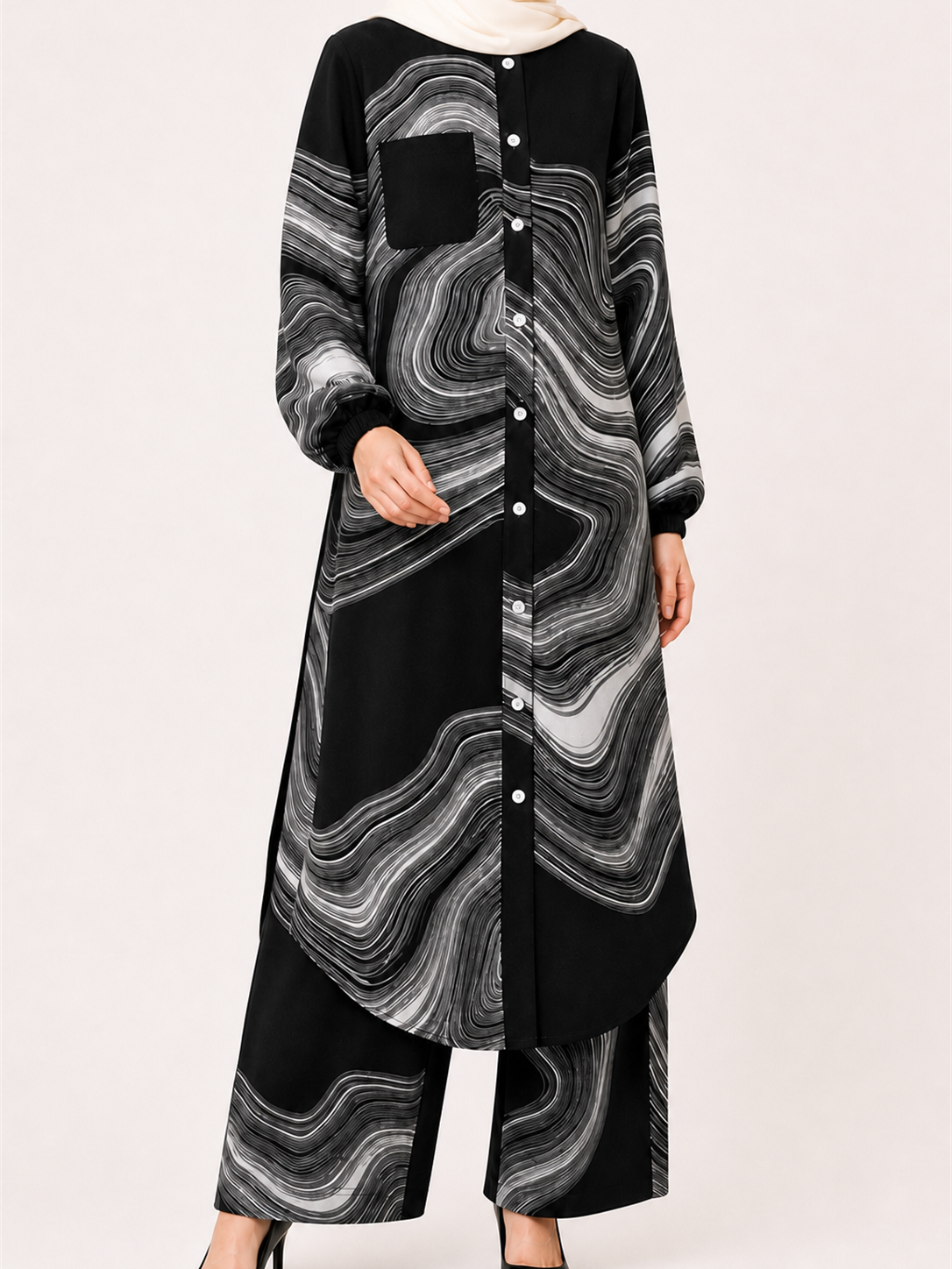 ZOALIN - Printed Flow Tunic & Wide-Leg Pants Set - Black White Print - detail