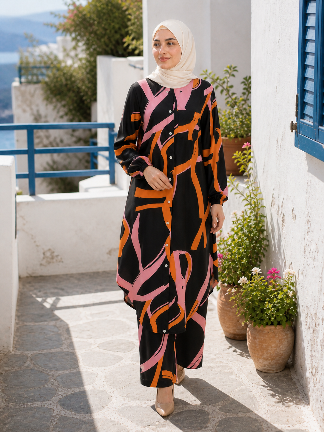 ZOALIN - Printed Flow Tunic & Wide-Leg Pants Set - Black Orange Print - lifestyle