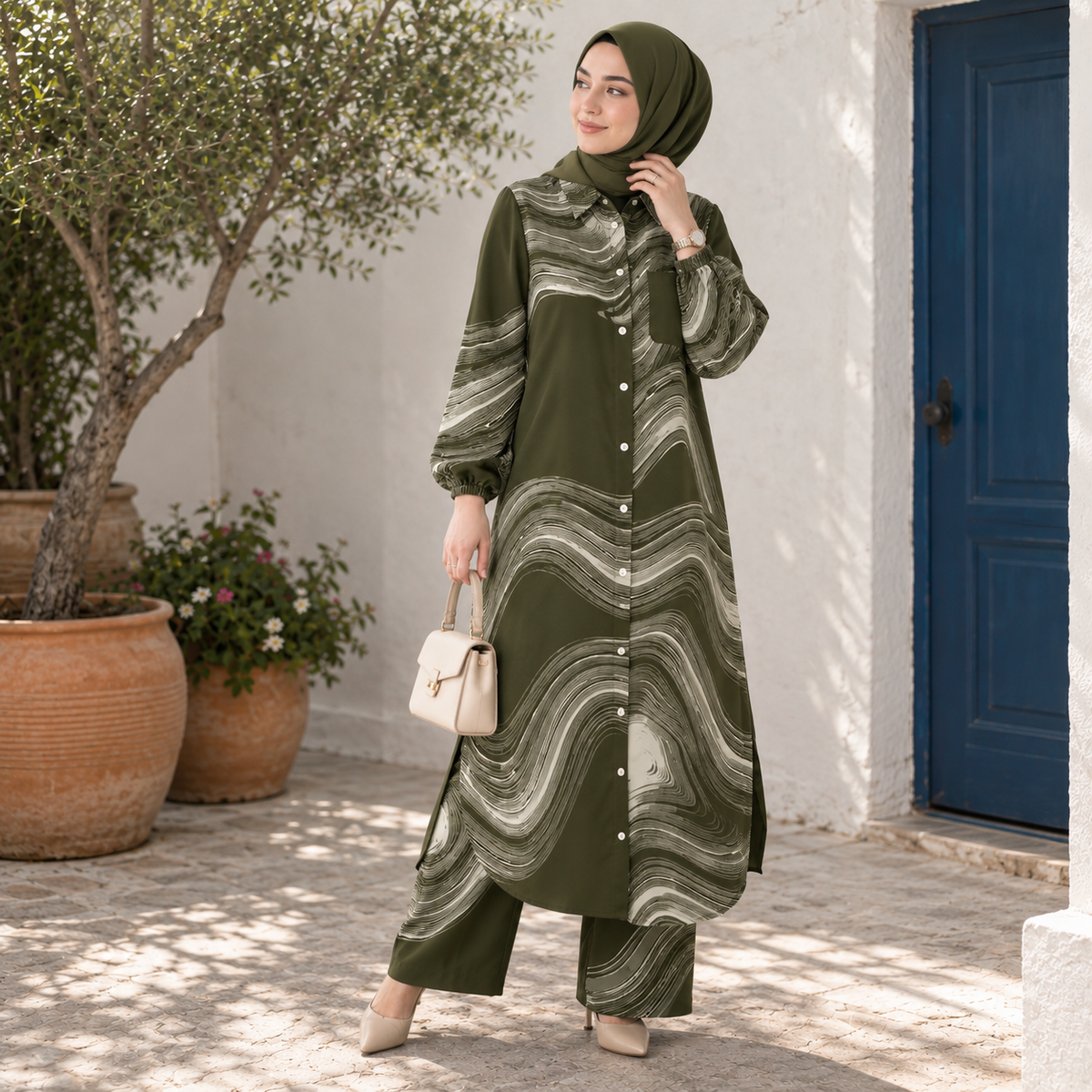 ZOALIN - Printed Flow Tunic & Wide-Leg Pants Set - Olive Print - lifestyle